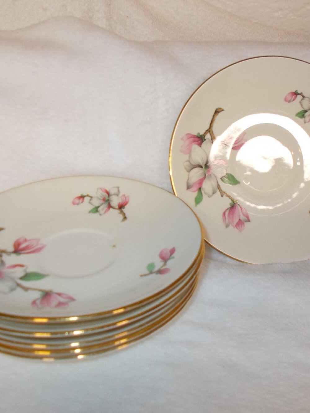 6 VTG  Homer Laughlin Rhythm pink dogwood saucers with gold-color trim